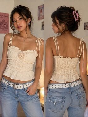 SHEIN Cream Ruffled Tie-Shoulder Smocked Cami
